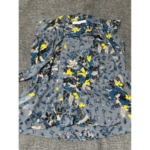 LOFT Women's SP Blouse Blue Floral Ruffle Sleeveless‎ Tie Neck Peplum